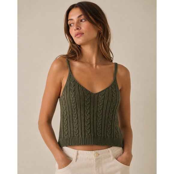 American Eagle Outfitters Tops - American Eagle Olive Green Cable Knit Sweater Tank Top Cropped V-Neck Large